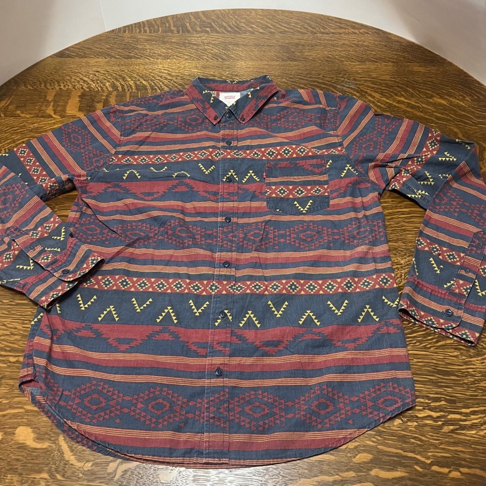 Levis Button Down Shirt Mens XL Blue Red Southwestern Geometric Aztec 3LYLW7652